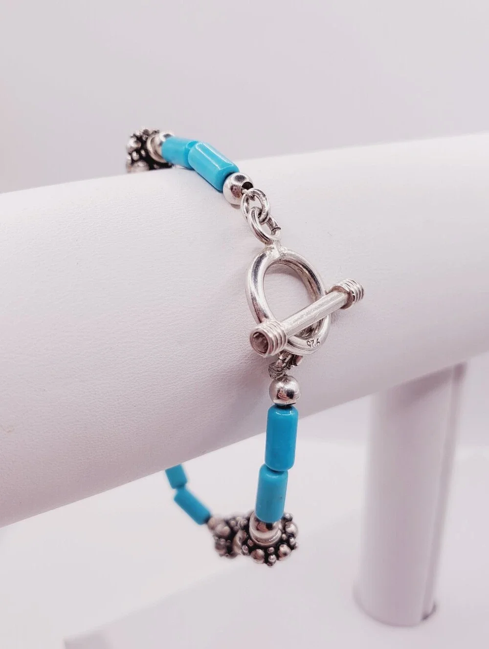 Genuine Turquoise 925 Sterling Silver Bead Bracelet With Toggle Clasp